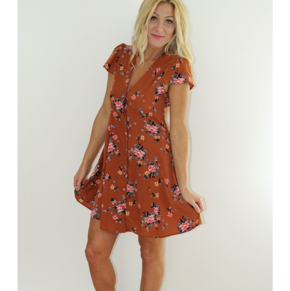 😍 Brown floral tea summer sun dress